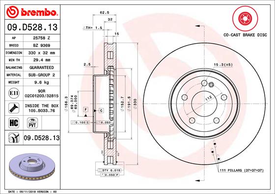 Спирачен диск за MERCEDES-BENZ C-CLASS (W205) C 250 BlueTEC / d 4-matic (205.009) – BREMBO 09.D528.13