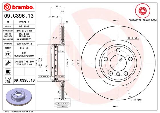Спирачен диск за BMW 1 (F20) 114 d – BREMBO 09.C396.13